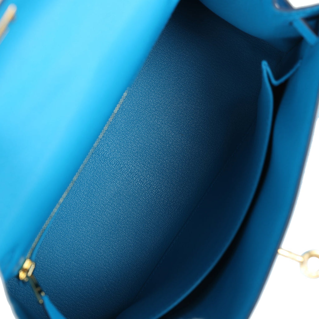 Hermes Kelly Sellier 25 Bleu Frida Chevre Gold Hardware - Exclusu