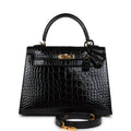 Hermes Kelly Sellier 25 Black Shiny Alligator Gold Hardware - Exclusu