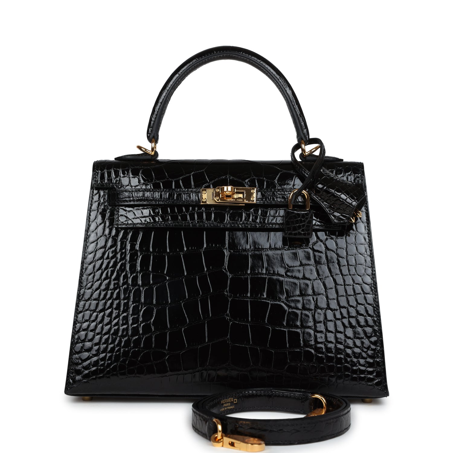 Hermes Kelly Sellier 25 Black Shiny Alligator Gold Hardware - Exclusu