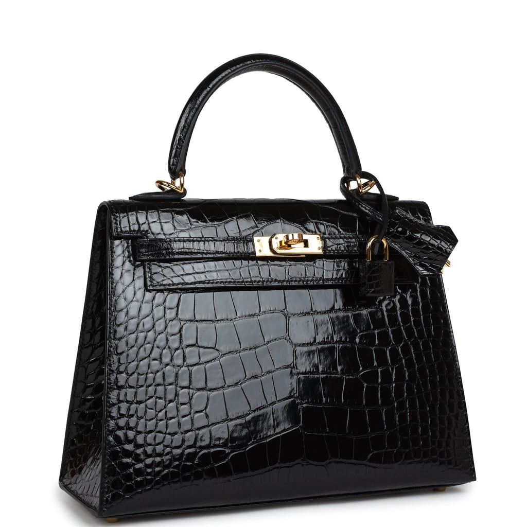 Hermes Kelly Sellier 25 Black Shiny Alligator Gold Hardware - Exclusu