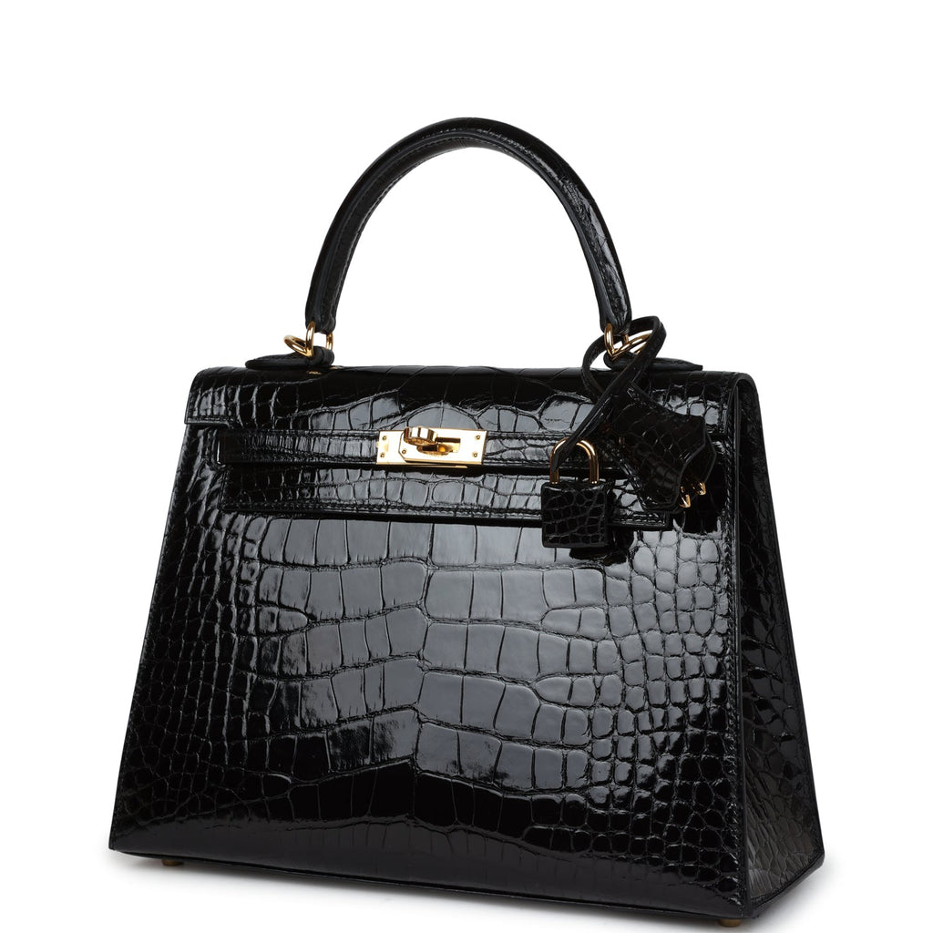 Hermes Kelly Sellier 25 Black Shiny Alligator Gold Hardware - Exclusu
