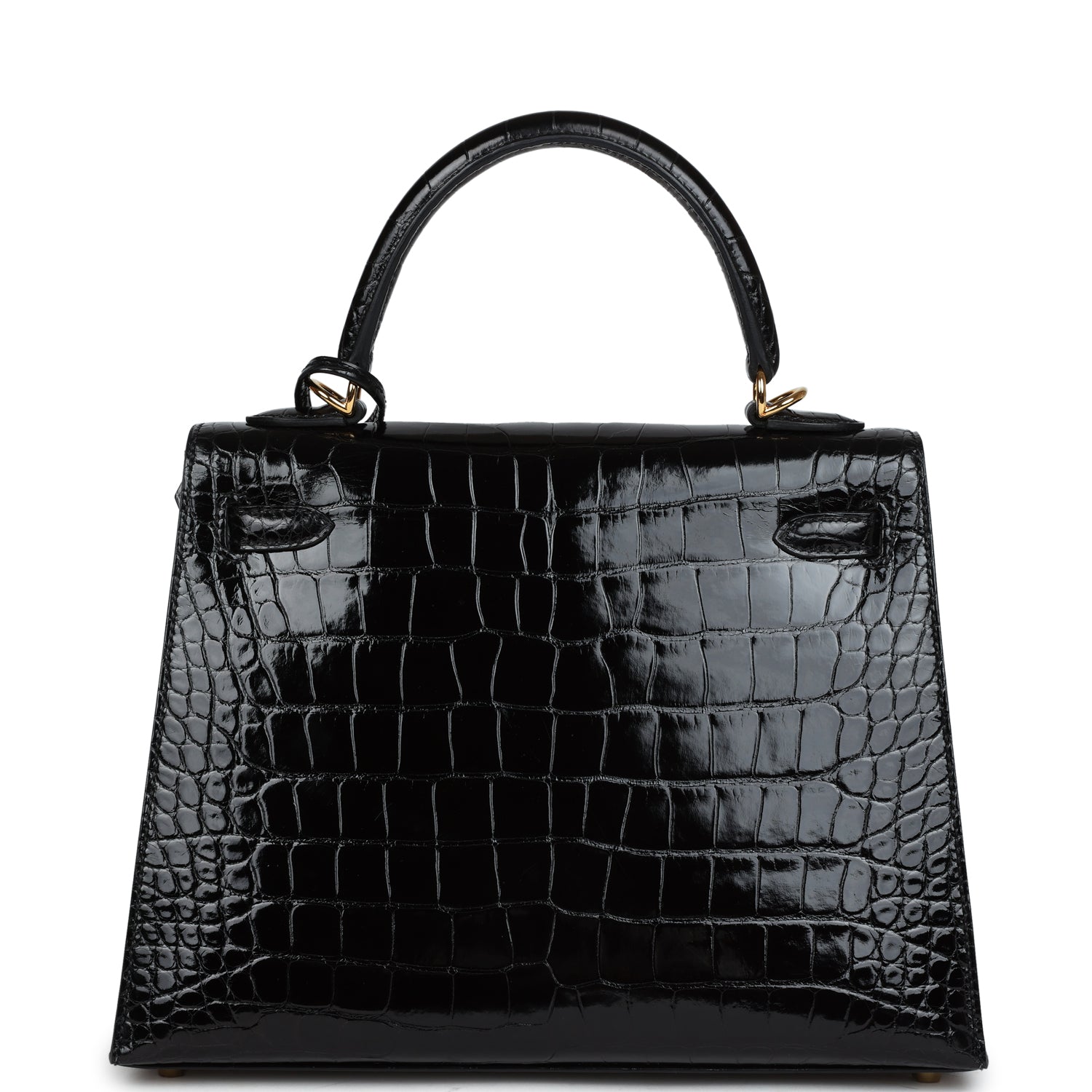 Hermes Kelly Sellier 25 Black Shiny Alligator Gold Hardware - Exclusu