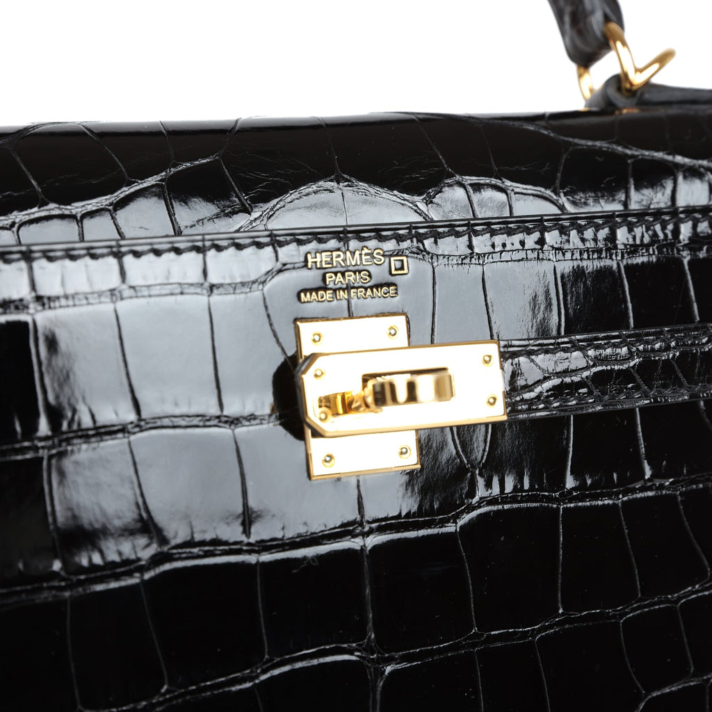 Hermes Kelly Sellier 25 Black Shiny Alligator Gold Hardware - Exclusu