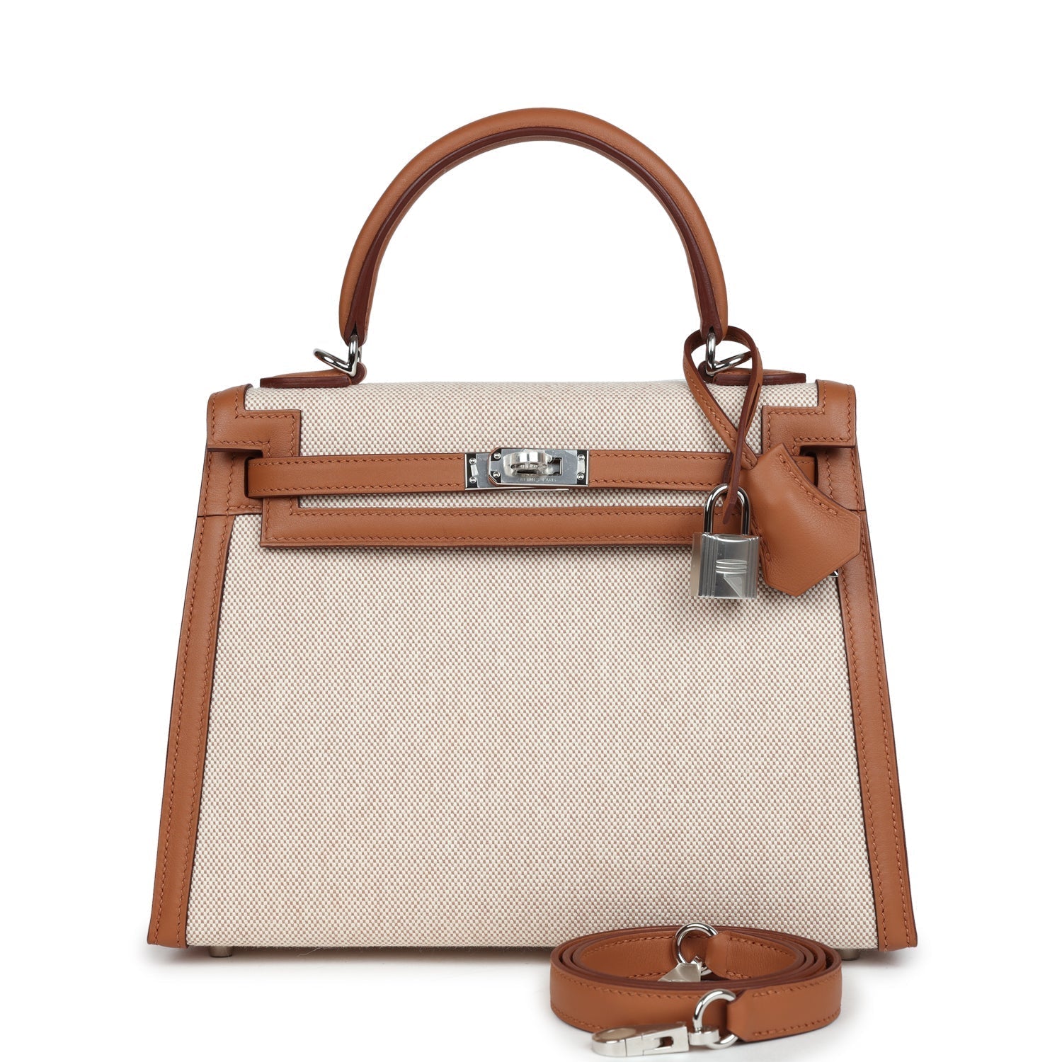 Hermes Kelly Sellier 25 Gold Swift and Ecru Toile Palladium Hardware - Exclusu