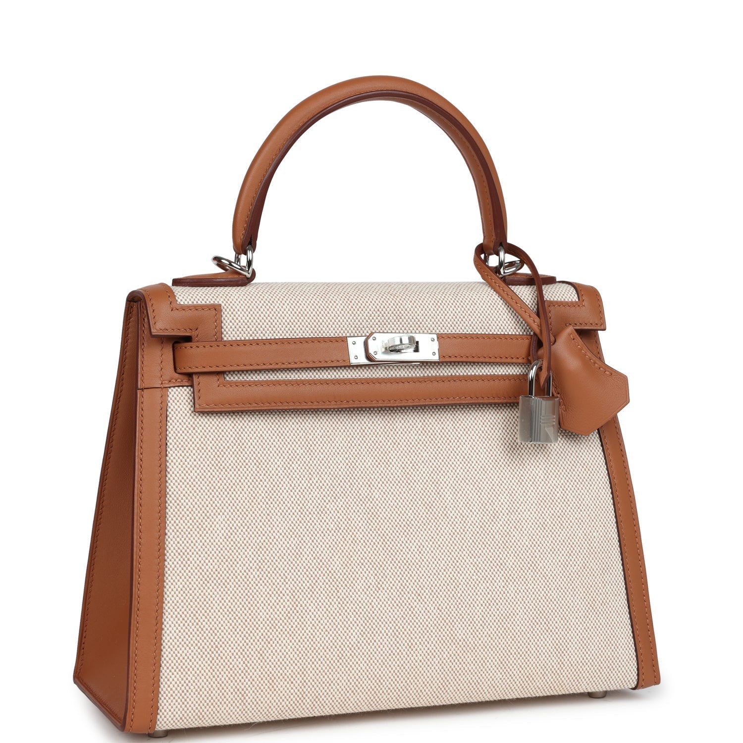 Hermes Kelly Sellier 25 Gold Swift and Ecru Toile Palladium Hardware - Exclusu
