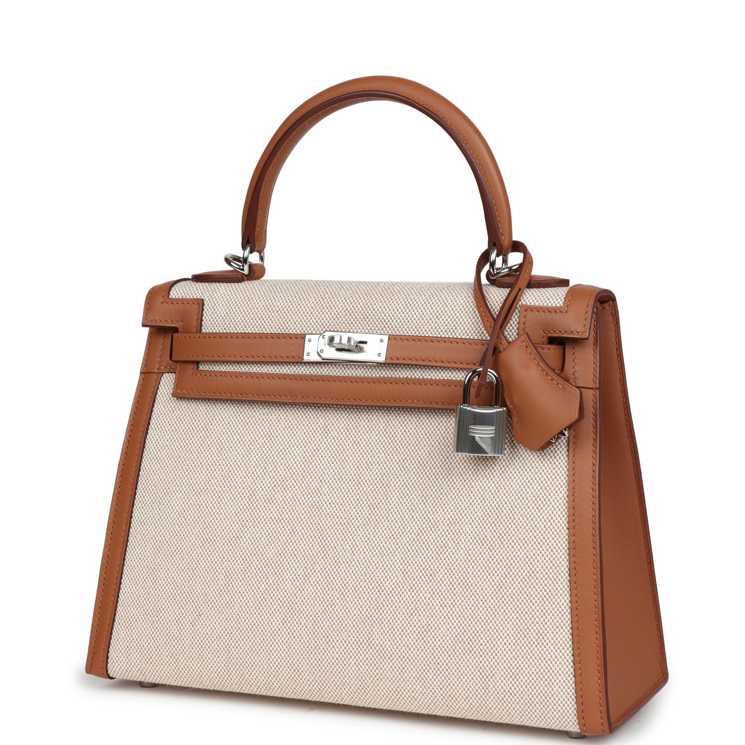 Hermes Kelly Sellier 25 Gold Swift and Ecru Toile Palladium Hardware - Exclusu
