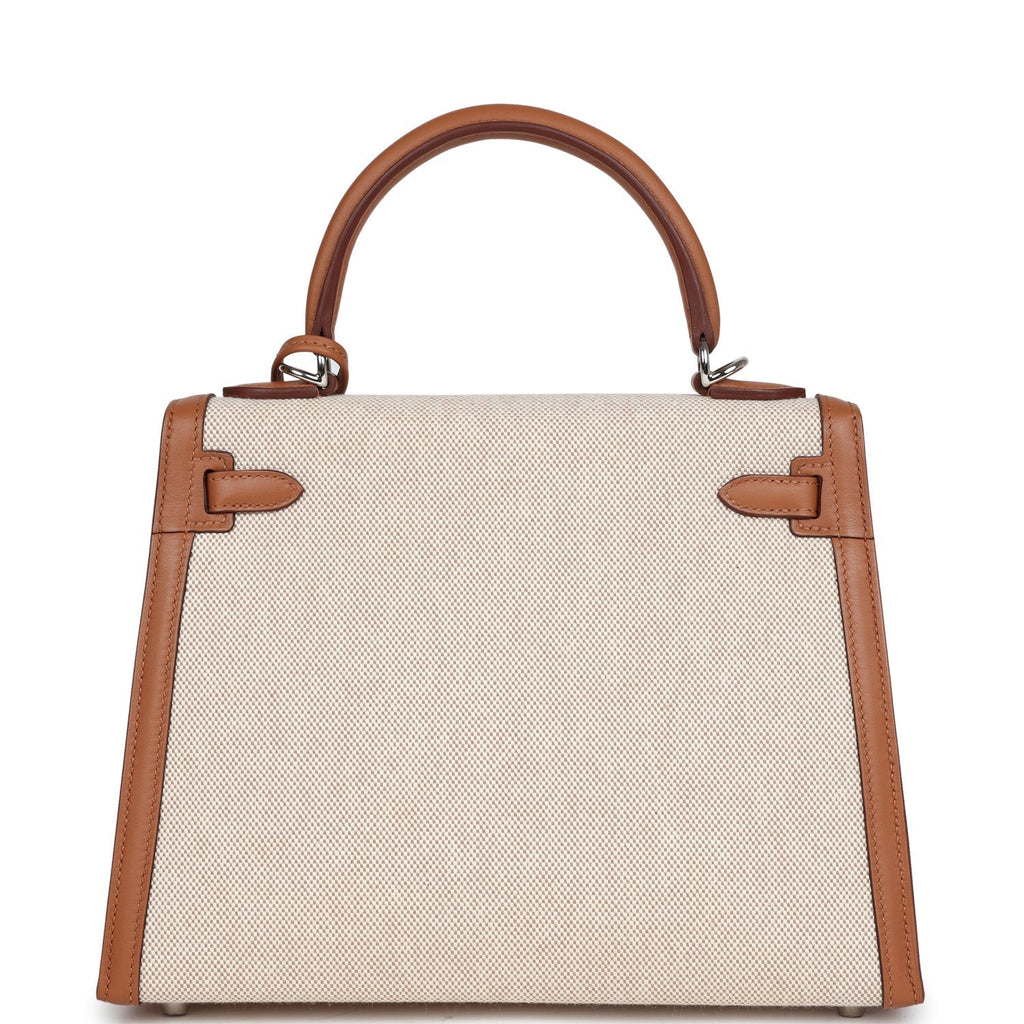 Hermes Kelly Sellier 25 Gold Swift and Ecru Toile Palladium Hardware - Exclusu