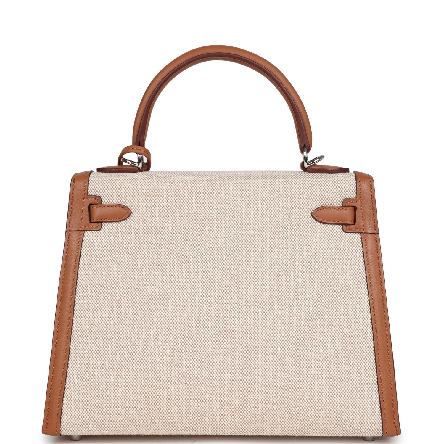 Hermes Kelly Sellier 25 Gold Swift and Ecru Toile Palladium Hardware - Exclusu