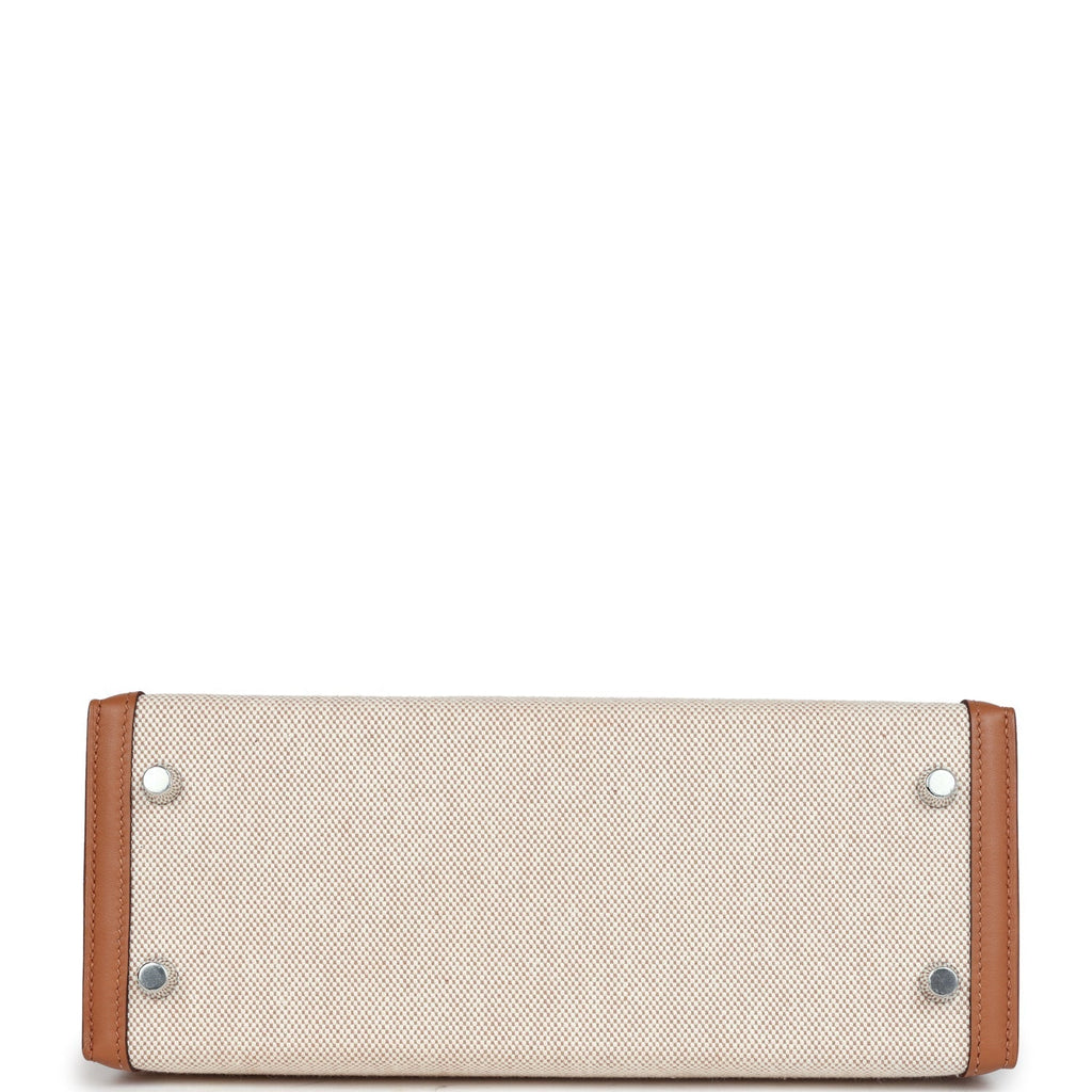 Hermes Kelly Sellier 25 Gold Swift and Ecru Toile Palladium Hardware - Exclusu