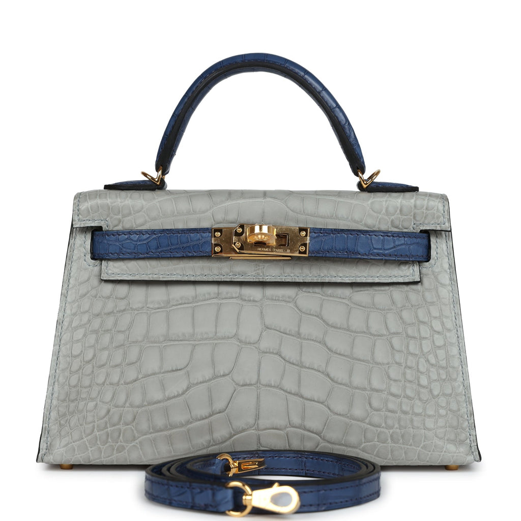 Hermes Special Order (HSS) Kelly Sellier 20 Gris Perle and Bleu de Malte Matte Alligator Gold Hardware - Exclusu