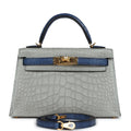 Hermes Special Order (HSS) Kelly Sellier 20 Gris Perle and Bleu de Malte Matte Alligator Gold Hardware - Exclusu