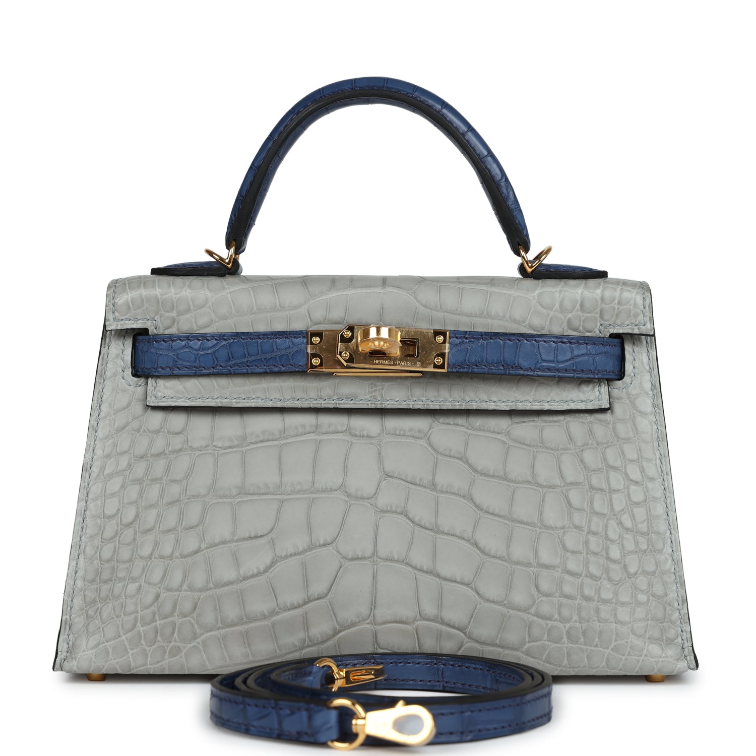 Hermes Special Order (HSS) Kelly Sellier 20 Gris Perle and Bleu de Malte Matte Alligator Gold Hardware - Exclusu