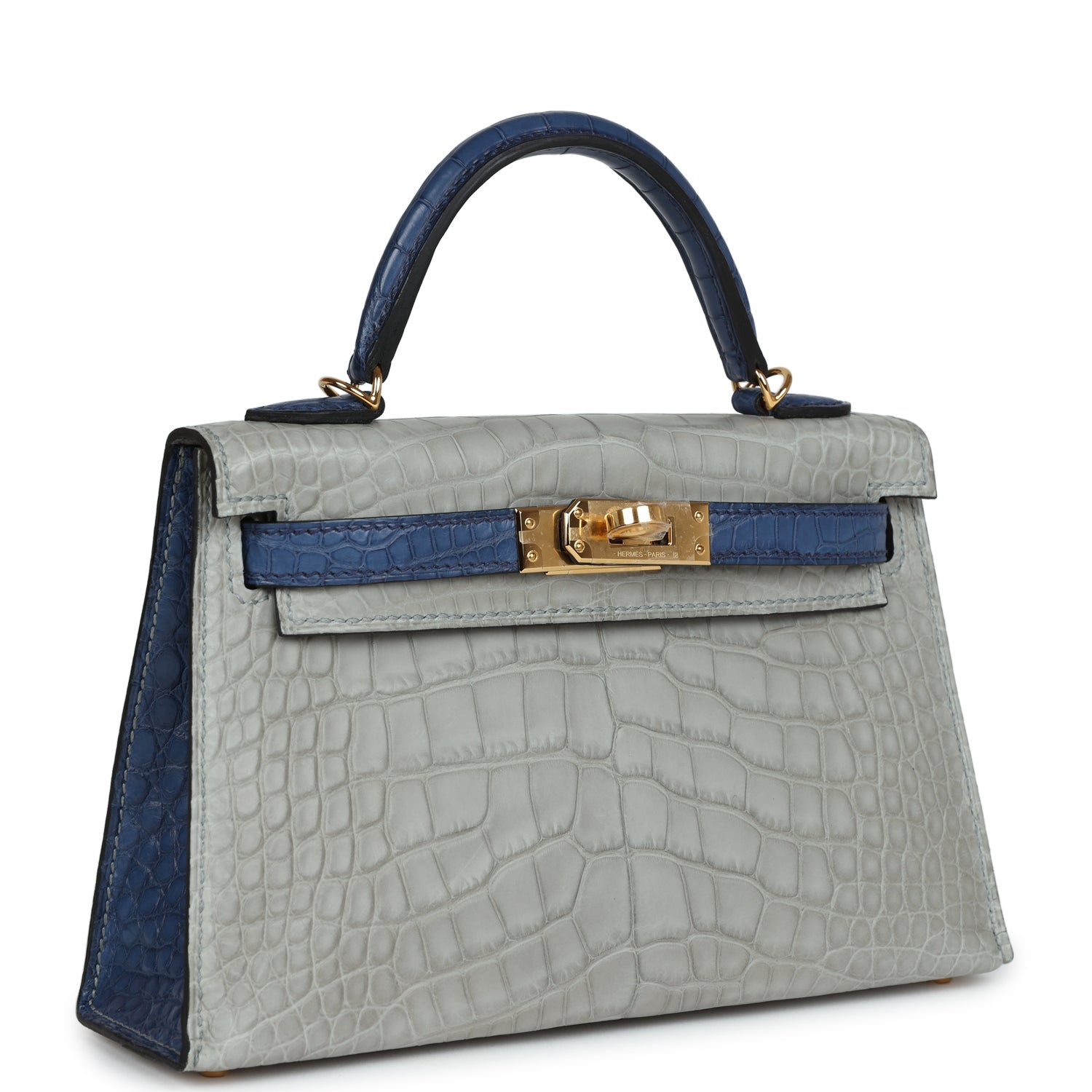 Hermes Special Order (HSS) Kelly Sellier 20 Gris Perle and Bleu de Malte Matte Alligator Gold Hardware - Exclusu