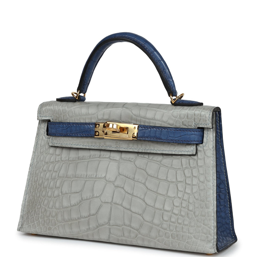 Hermes Special Order (HSS) Kelly Sellier 20 Gris Perle and Bleu de Malte Matte Alligator Gold Hardware - Exclusu