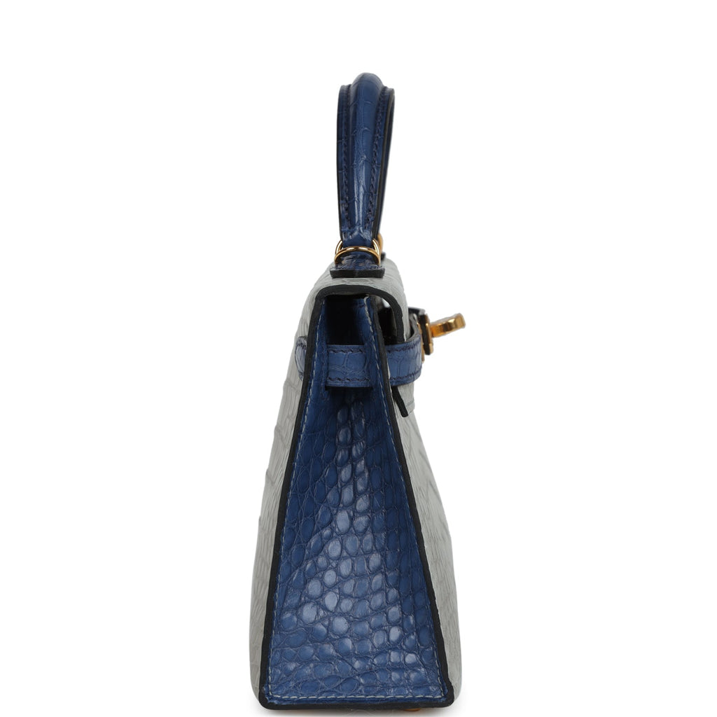 Hermes Special Order (HSS) Kelly Sellier 20 Gris Perle and Bleu de Malte Matte Alligator Gold Hardware - Exclusu