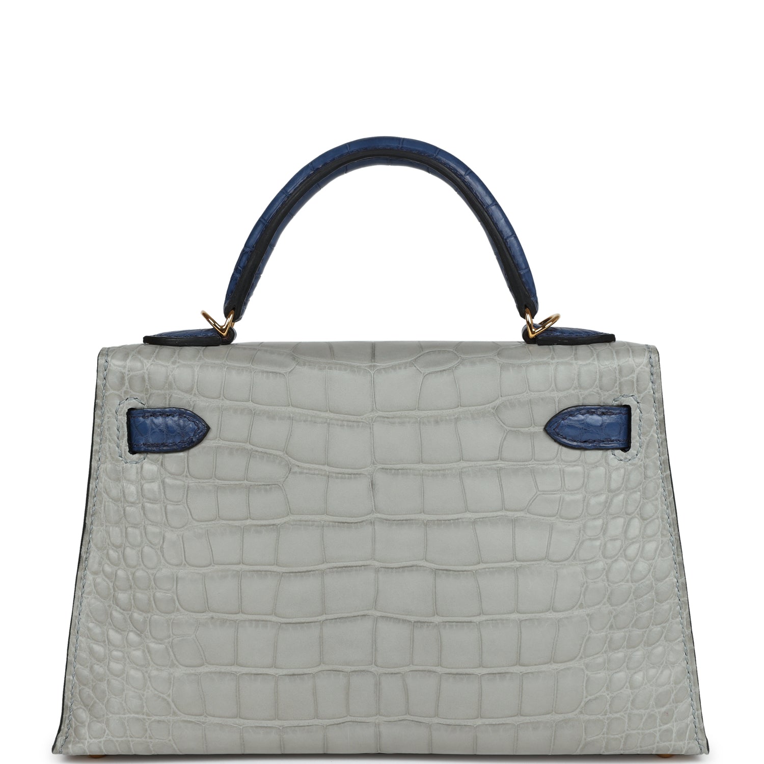 Hermes Special Order (HSS) Kelly Sellier 20 Gris Perle and Bleu de Malte Matte Alligator Gold Hardware - Exclusu