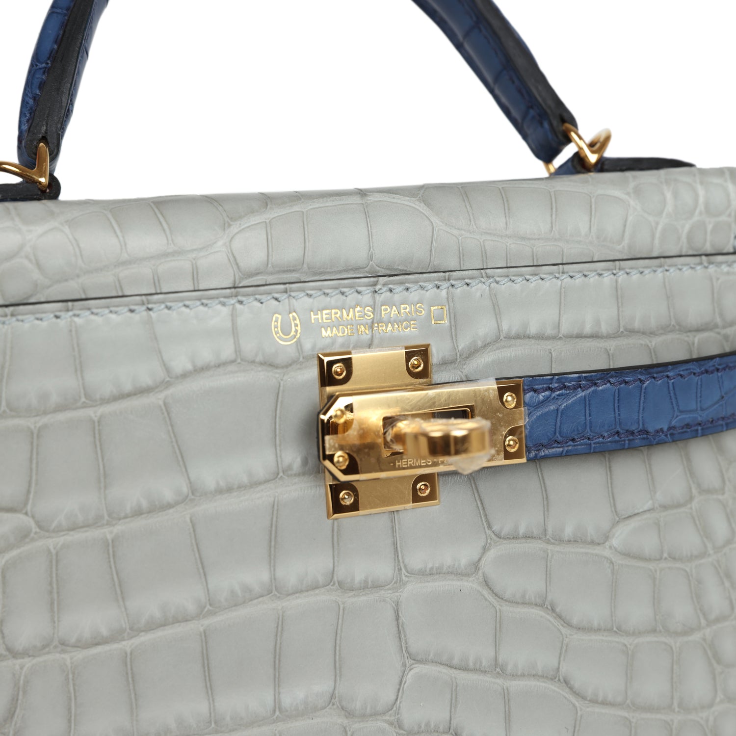 Hermes Special Order (HSS) Kelly Sellier 20 Gris Perle and Bleu de Malte Matte Alligator Gold Hardware - Exclusu