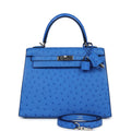 Hermes Kelly Sellier 25 Bleuet Ostrich Palladium Hardware - Exclusu