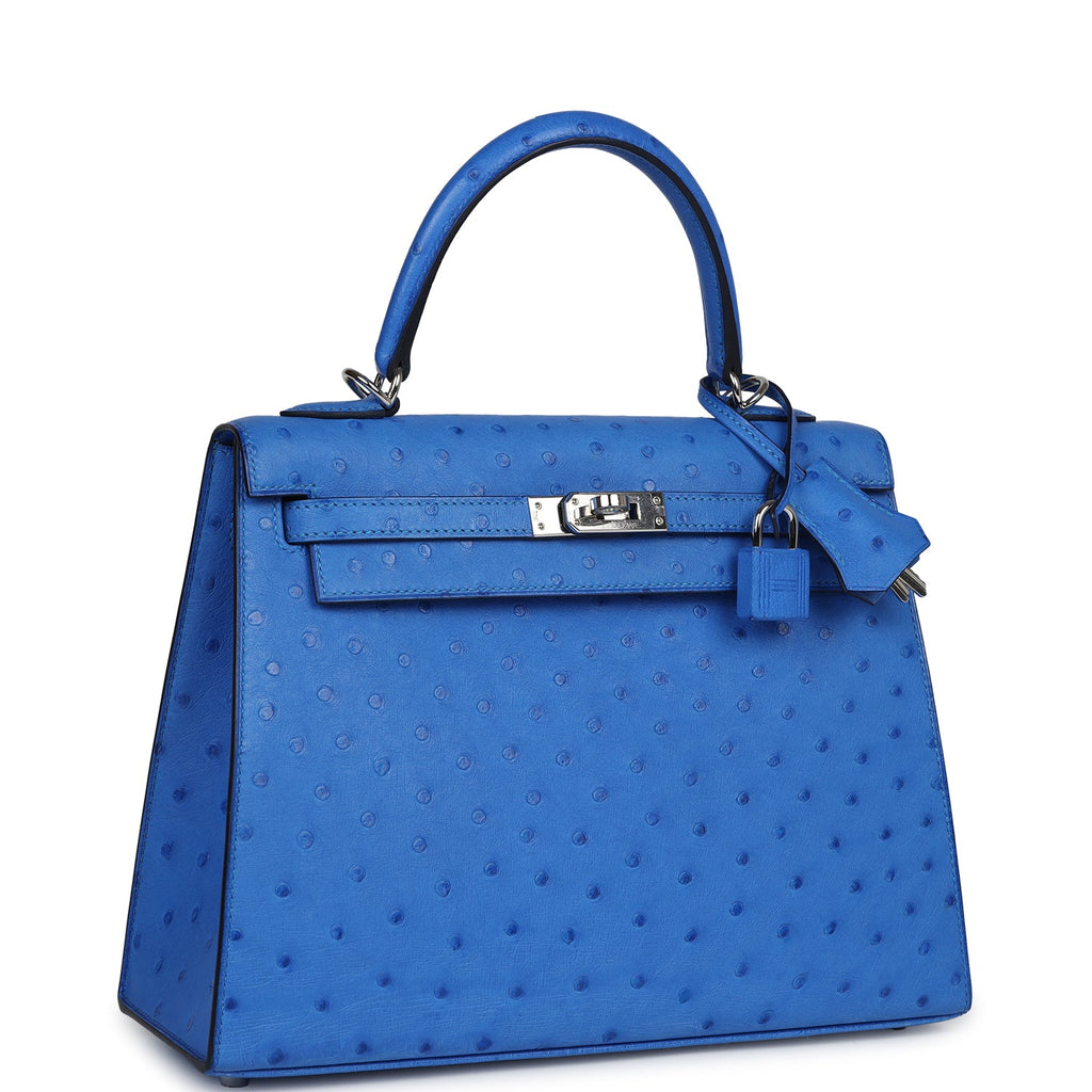 Hermes Kelly Sellier 25 Bleuet Ostrich Palladium Hardware - Exclusu