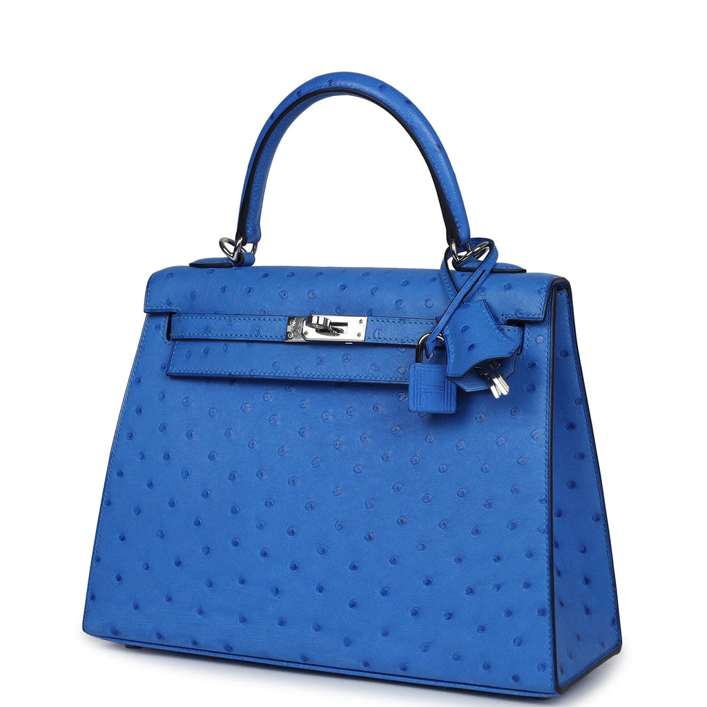 Hermes Kelly Sellier 25 Bleuet Ostrich Palladium Hardware - Exclusu