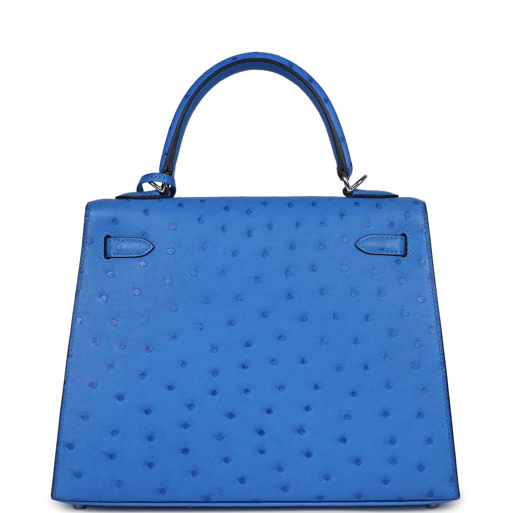 Hermes Kelly Sellier 25 Bleuet Ostrich Palladium Hardware - Exclusu