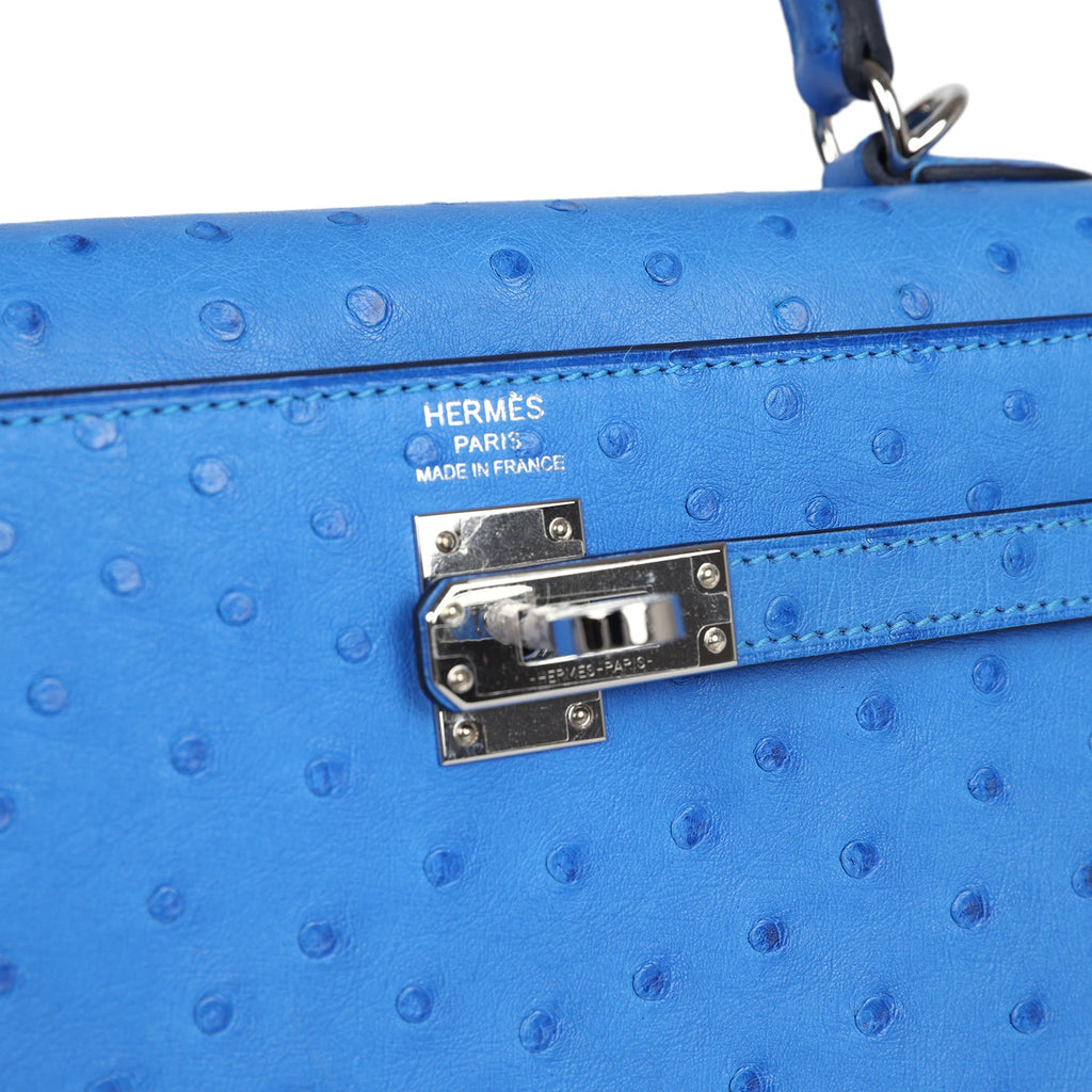Hermes Kelly Sellier 25 Bleuet Ostrich Palladium Hardware - Exclusu