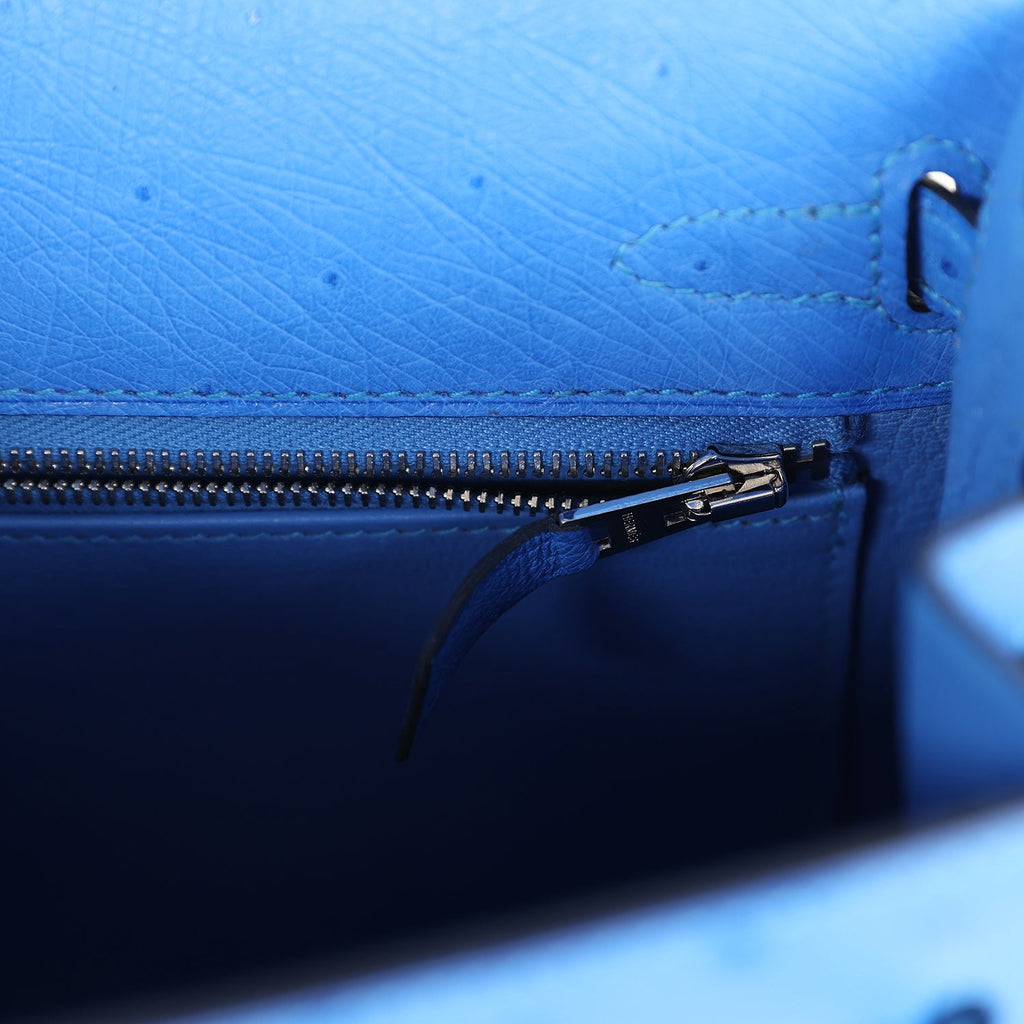 Hermes Kelly Sellier 25 Bleuet Ostrich Palladium Hardware - Exclusu