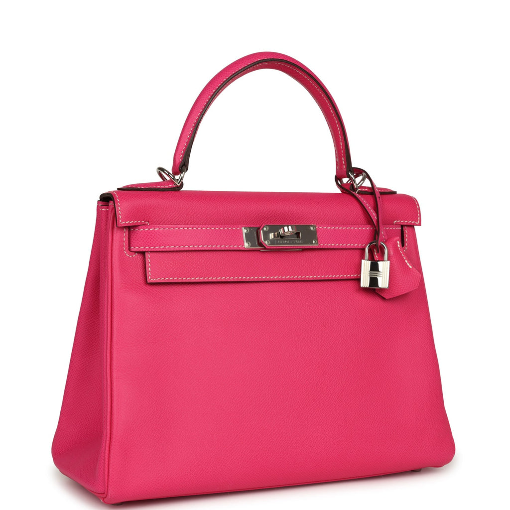 Hermes Kelly Retourne 28 Rose Tyrien Candy Epsom Palladium Hardware - Exclusu