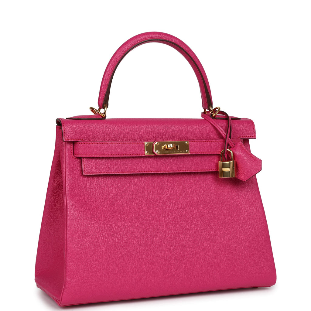 Hermes Kelly Retourne 28 Rose Shocking Chevre Gold Hardware - Exclusu