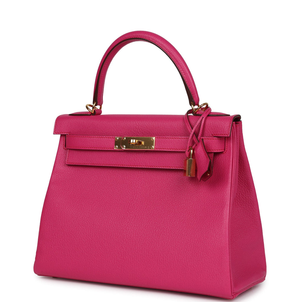 Hermes Kelly Retourne 28 Rose Shocking Chevre Gold Hardware - Exclusu