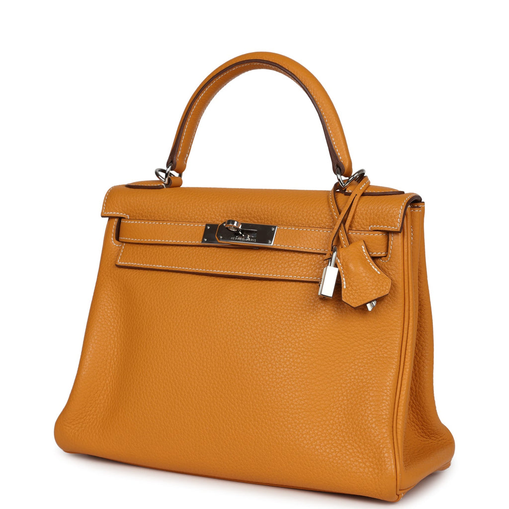 Hermes Kelly Retourne 28 Moutarde Clemence Palladium Hardware - Exclusu