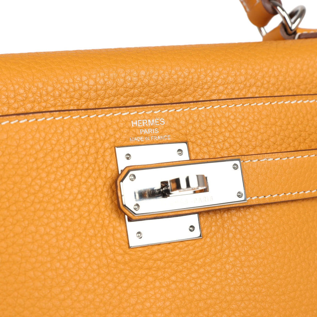 Hermes Kelly Retourne 28 Moutarde Clemence Palladium Hardware - Exclusu