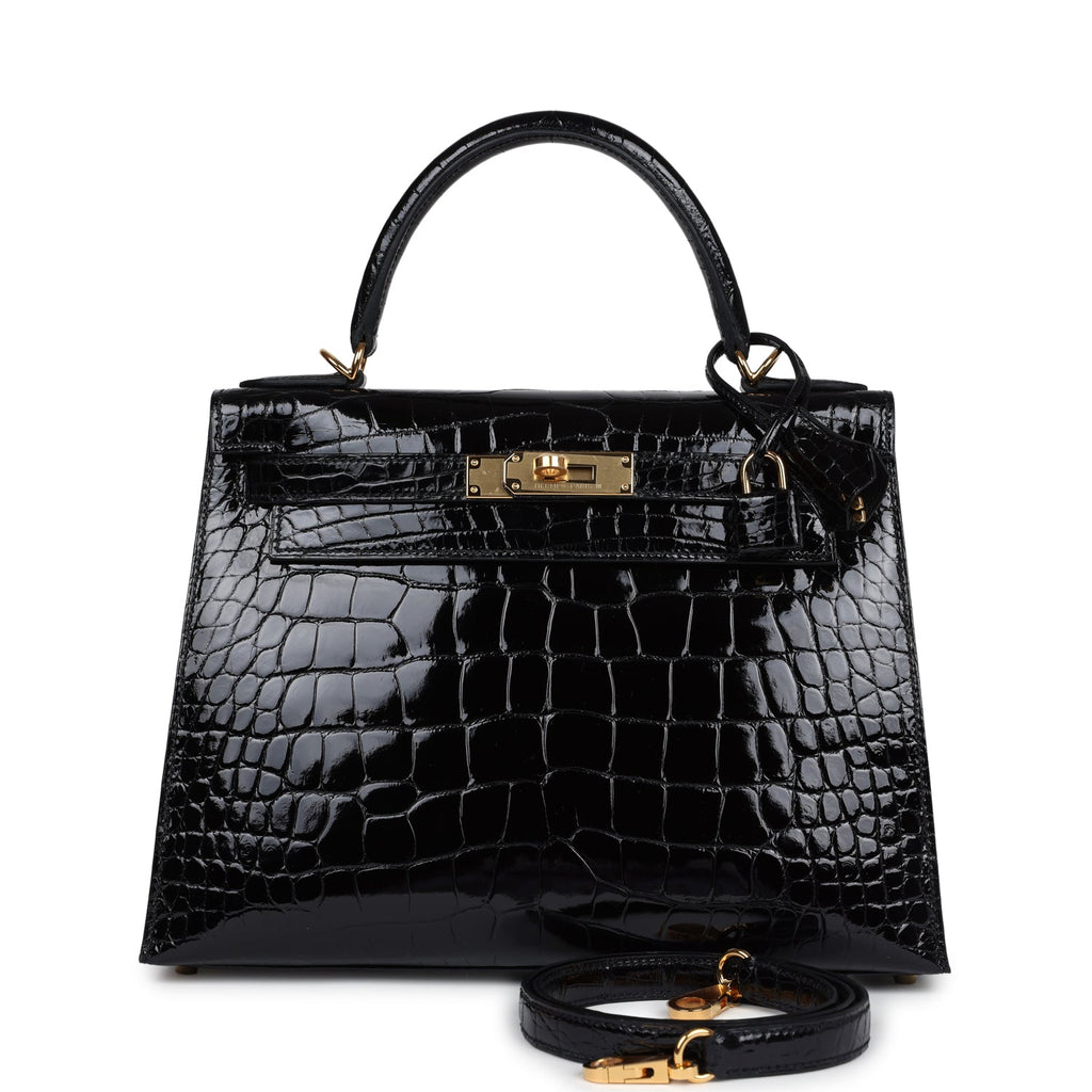 Hermes Kelly Sellier 28 Black Shiny Alligator Gold Hardware - Exclusu