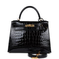 Hermes Kelly Sellier 28 Black Shiny Alligator Gold Hardware - Exclusu