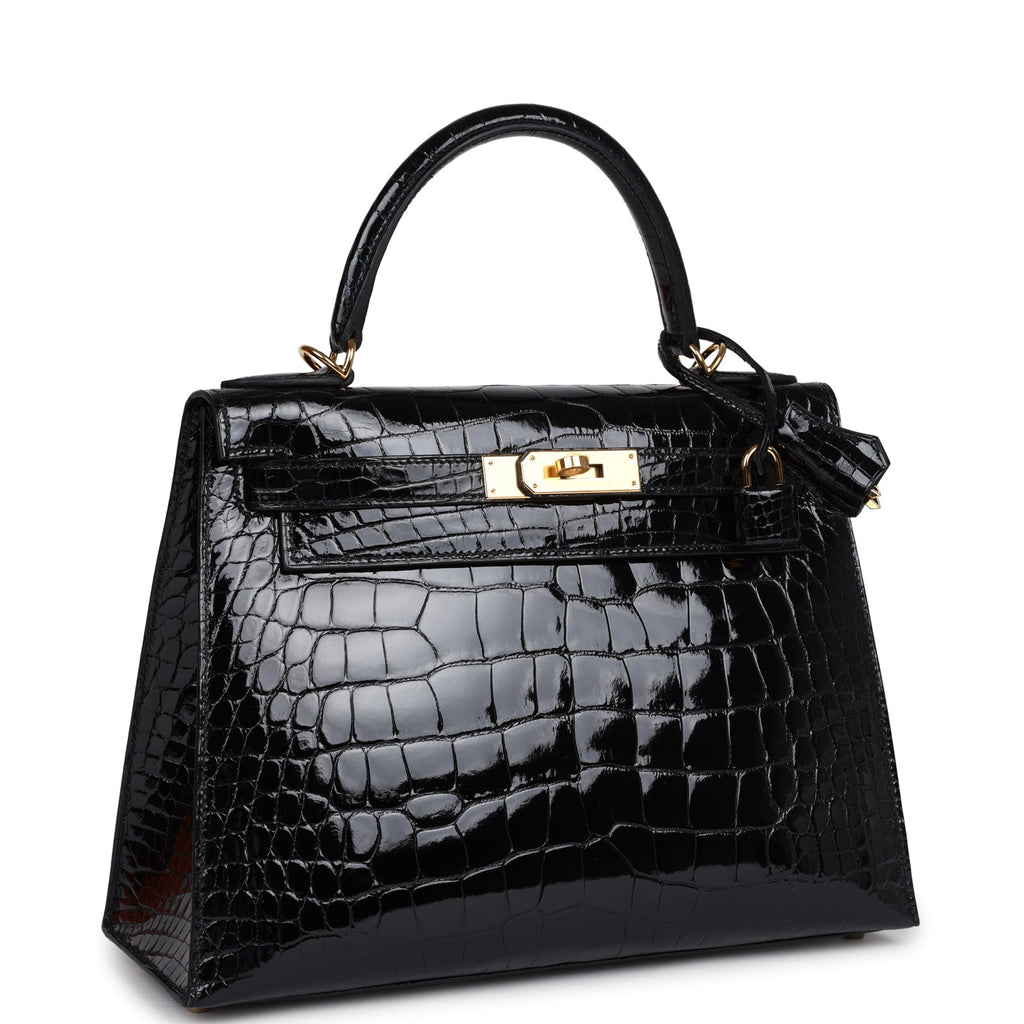 Hermes Kelly Sellier 28 Black Shiny Alligator Gold Hardware - Exclusu