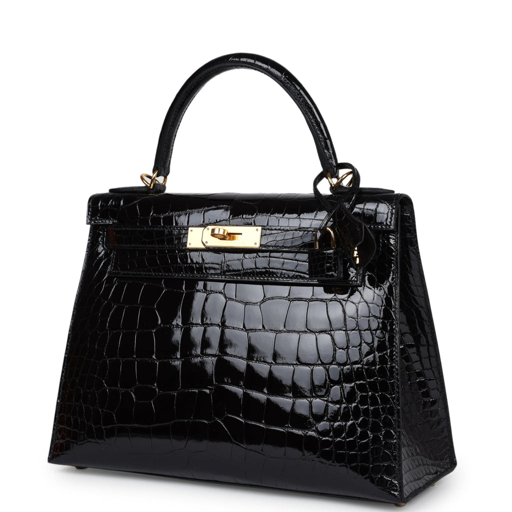 Hermes Kelly Sellier 28 Black Shiny Alligator Gold Hardware - Exclusu
