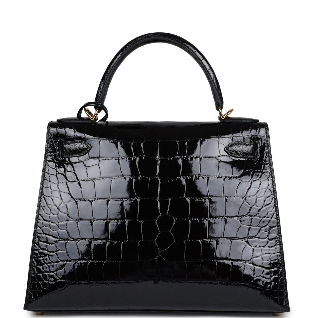 Hermes Kelly Sellier 28 Black Shiny Alligator Gold Hardware - Exclusu