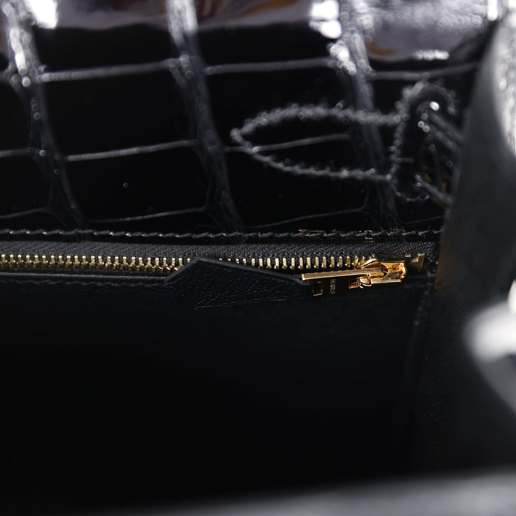 Hermes Kelly Sellier 28 Black Shiny Alligator Gold Hardware - Exclusu