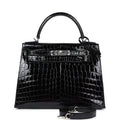 Hermes Kelly Sellier 28 Black Shiny Niloticus Crocodile Palladium Hardware - Exclusu