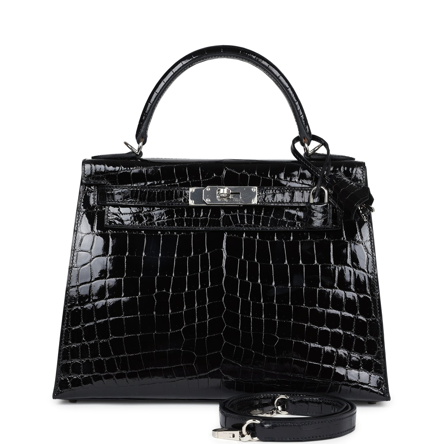 Hermes Kelly Sellier 28 Black Shiny Niloticus Crocodile Palladium Hardware - Exclusu