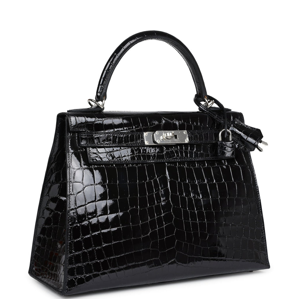 Hermes Kelly Sellier 28 Black Shiny Niloticus Crocodile Palladium Hardware - Exclusu
