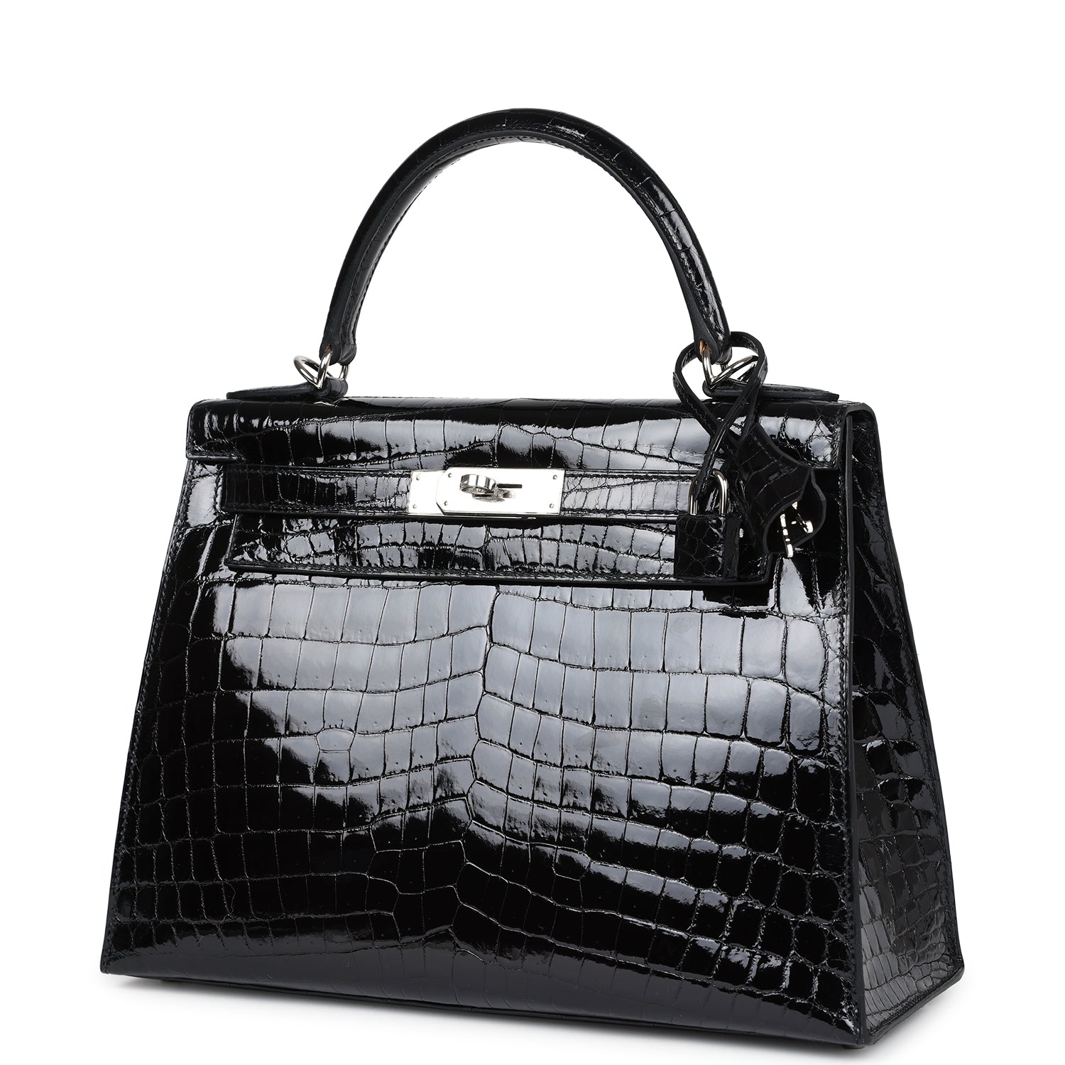 Hermes Kelly Sellier 28 Black Shiny Niloticus Crocodile Palladium Hardware - Exclusu