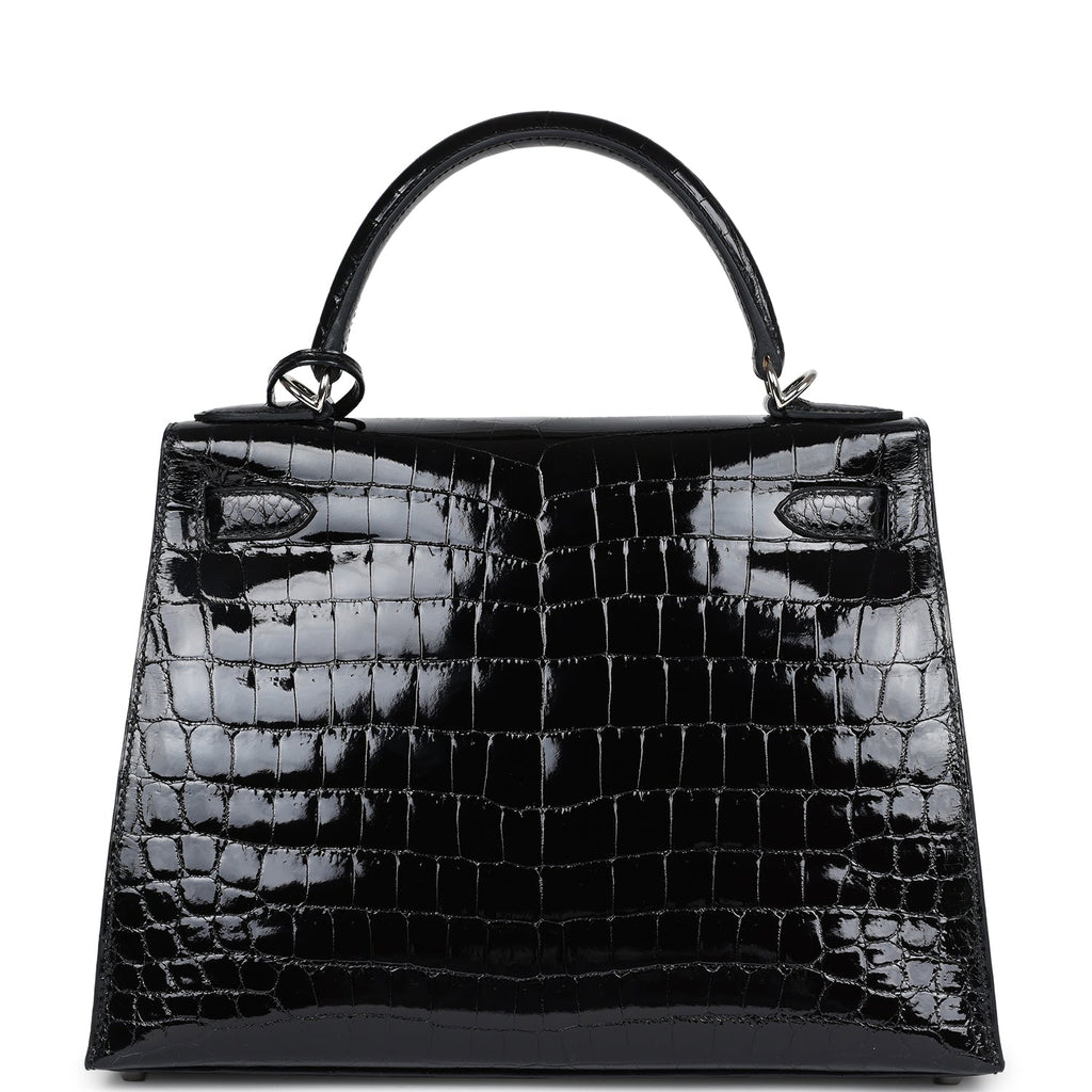 Hermes Kelly Sellier 28 Black Shiny Niloticus Crocodile Palladium Hardware - Exclusu