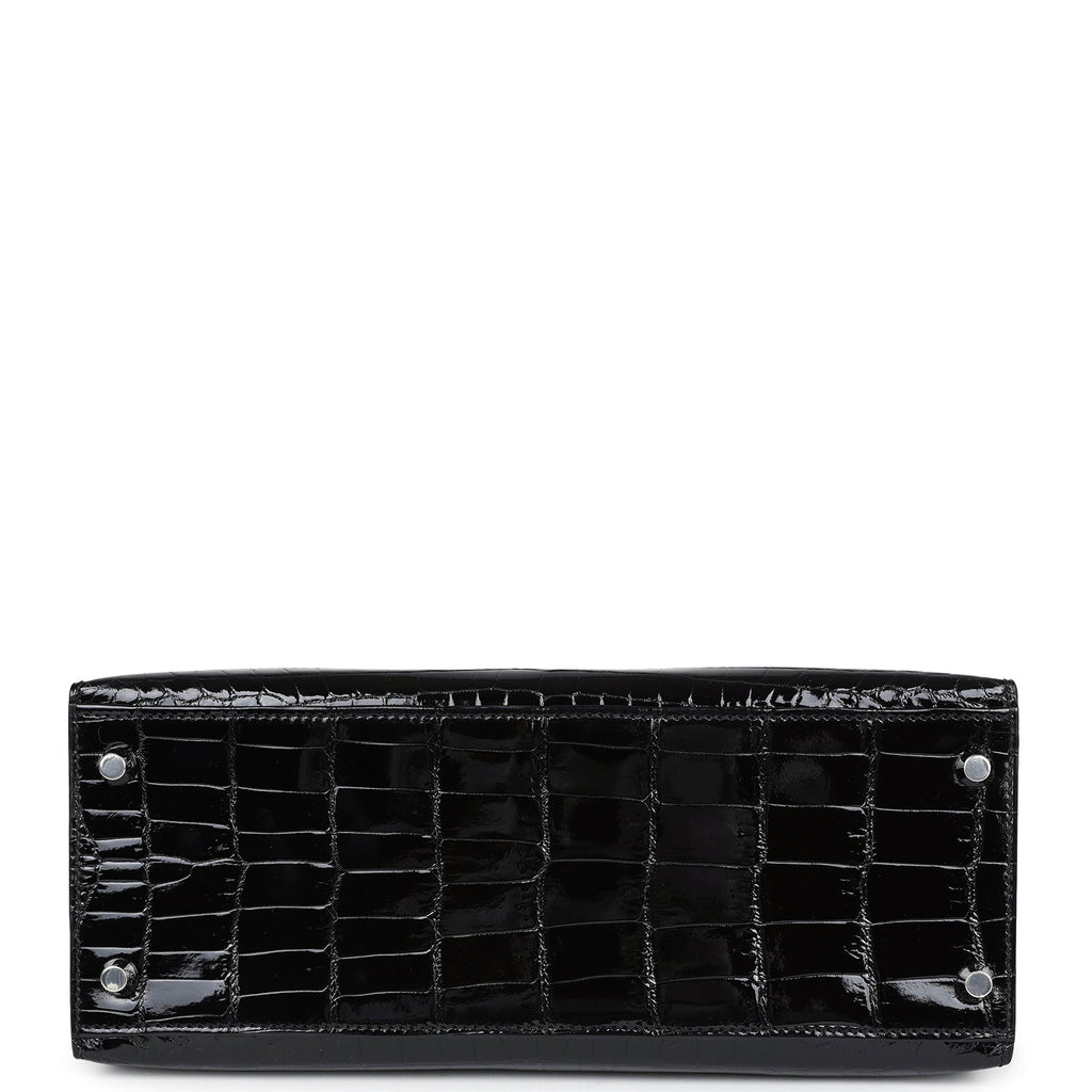 Hermes Kelly Sellier 28 Black Shiny Niloticus Crocodile Palladium Hardware - Exclusu