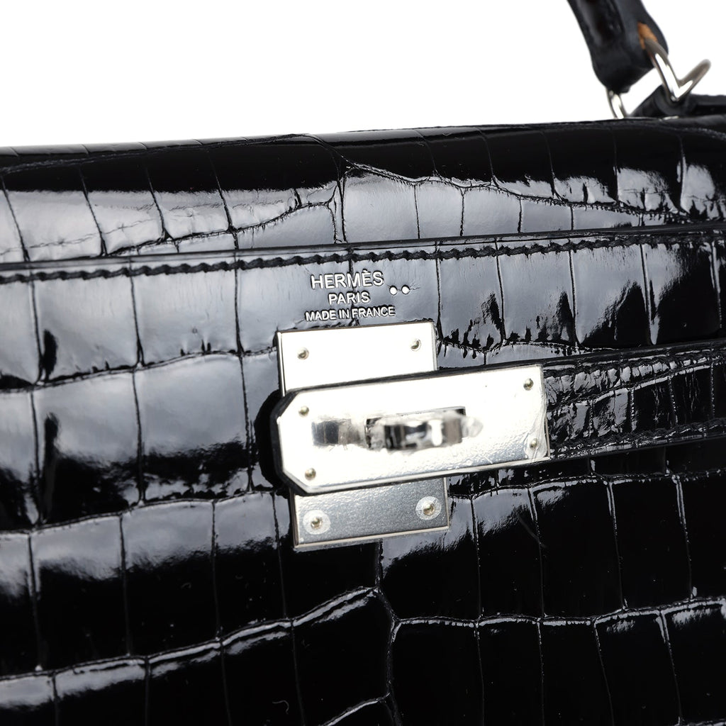 Hermes Kelly Sellier 28 Black Shiny Niloticus Crocodile Palladium Hardware - Exclusu