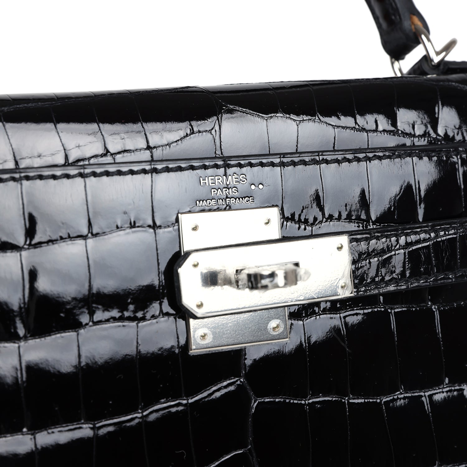 Hermes Kelly Sellier 28 Black Shiny Niloticus Crocodile Palladium Hardware - Exclusu