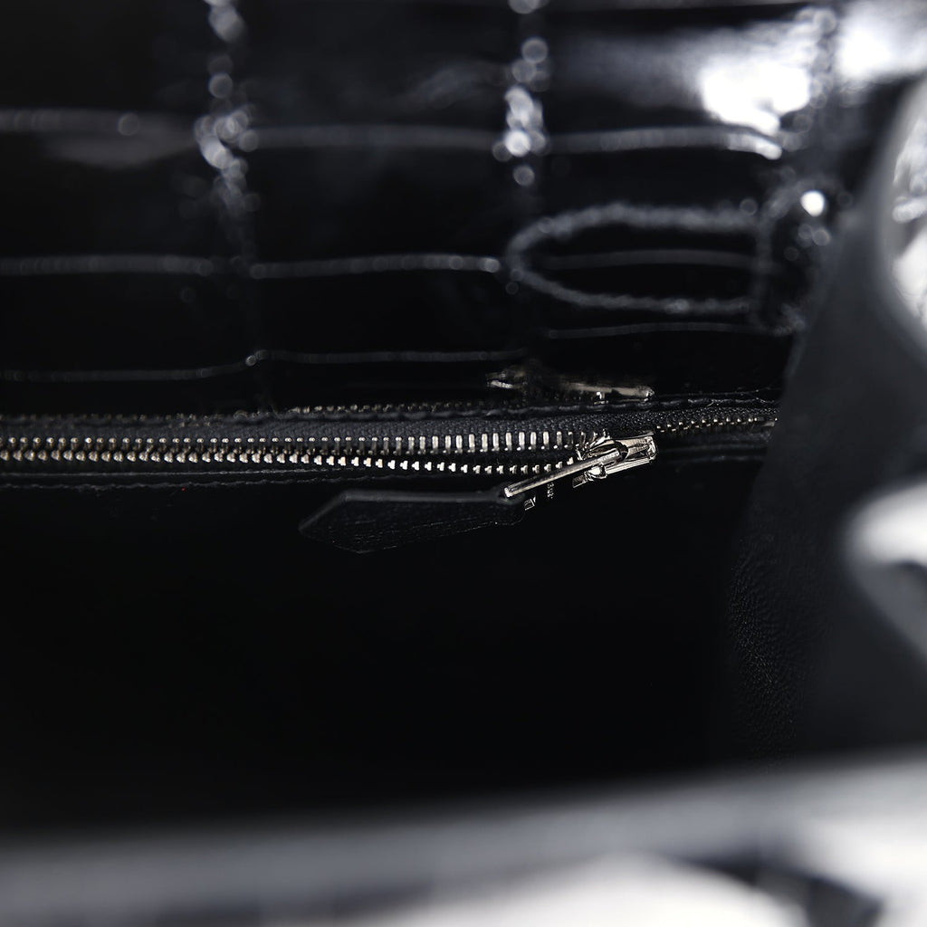 Hermes Kelly Sellier 28 Black Shiny Niloticus Crocodile Palladium Hardware - Exclusu