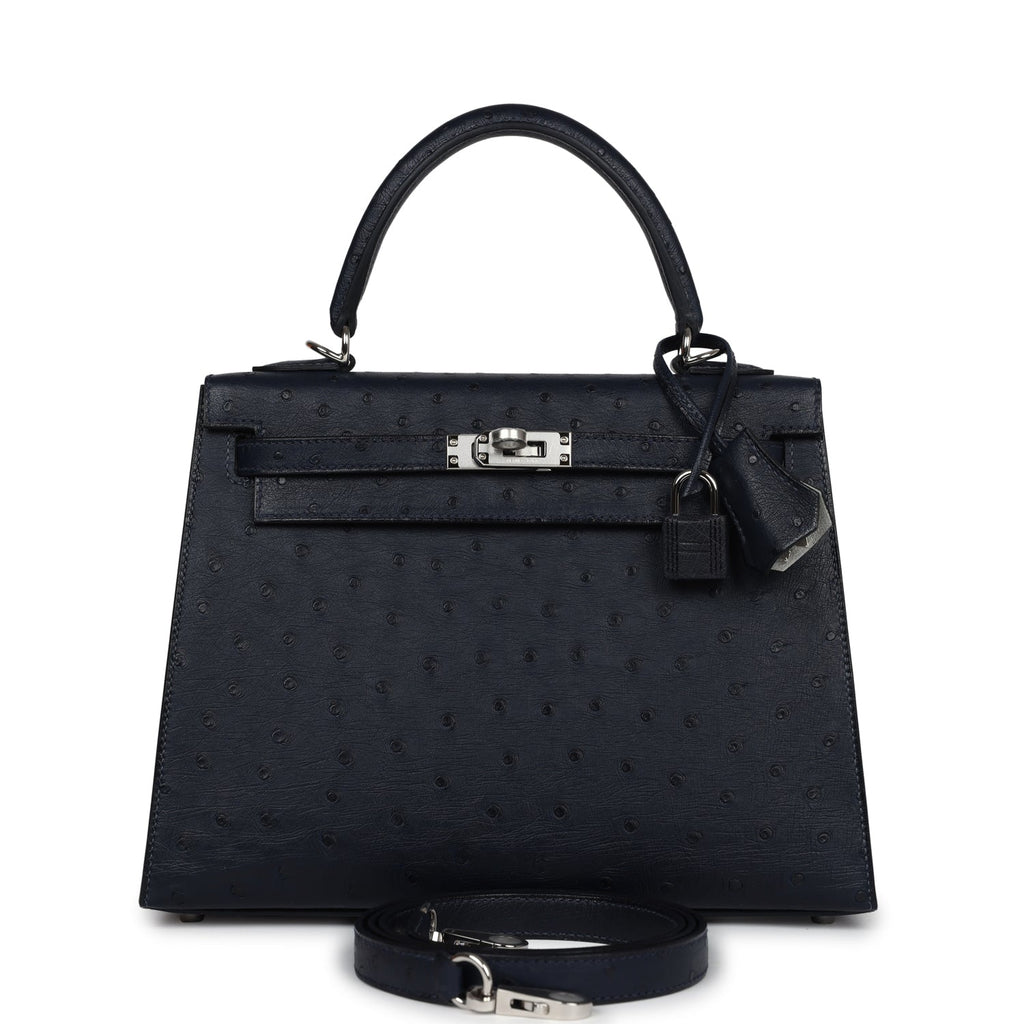 Hermes Special Order (HSS) Kelly Sellier 25 Bleu Indigo Verso Ostrich Palladium Hardware - Exclusu