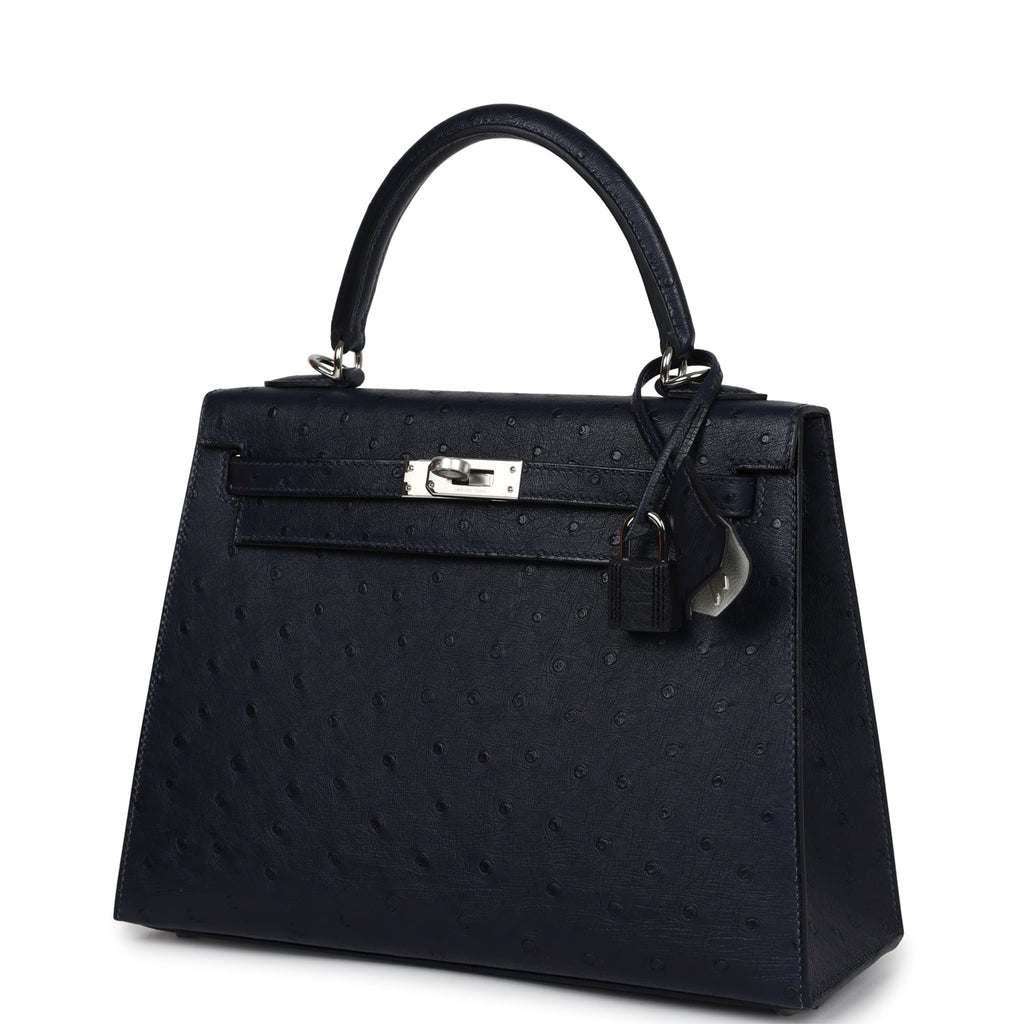 Hermes Special Order (HSS) Kelly Sellier 25 Bleu Indigo Verso Ostrich Palladium Hardware - Exclusu