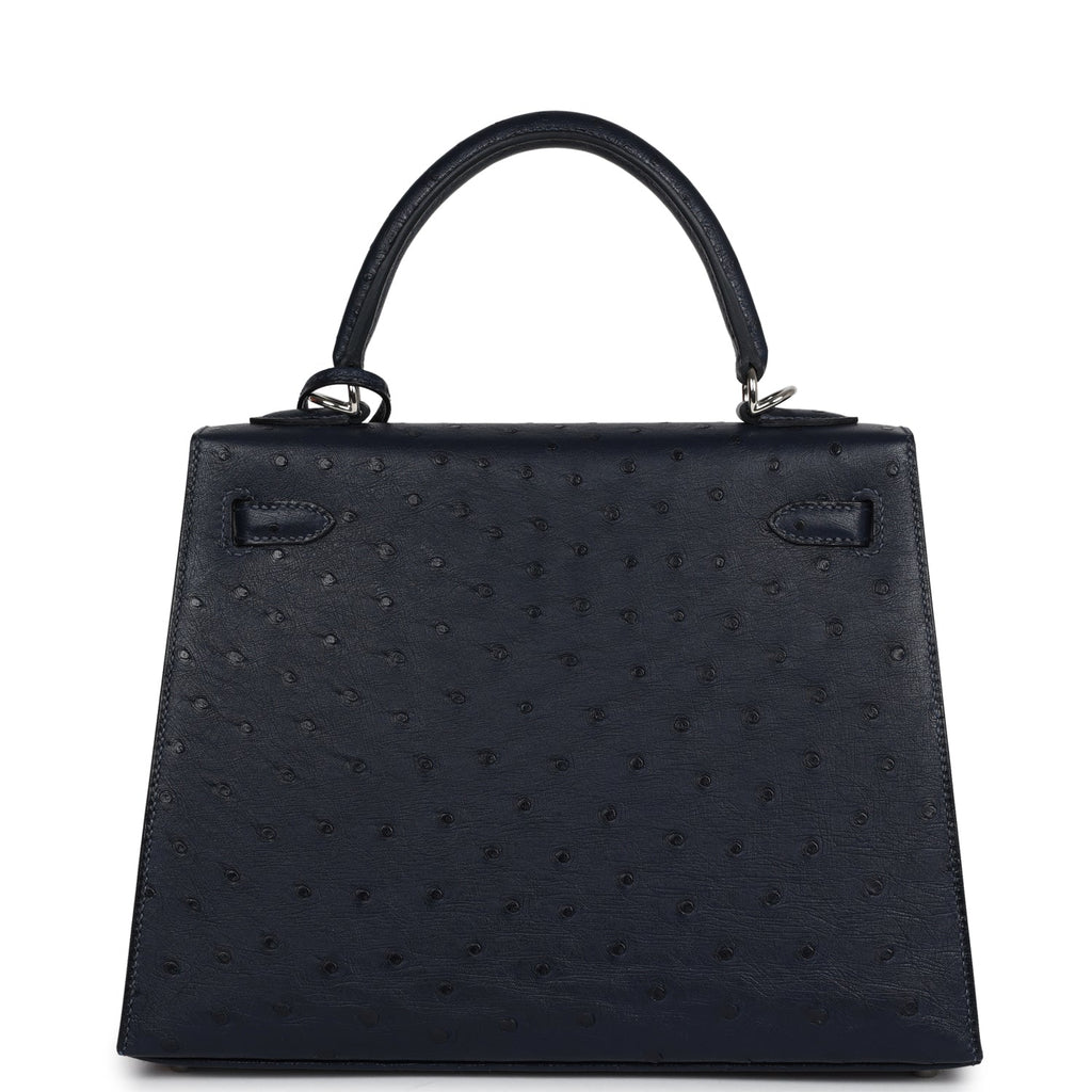 Hermes Special Order (HSS) Kelly Sellier 25 Bleu Indigo Verso Ostrich Palladium Hardware - Exclusu
